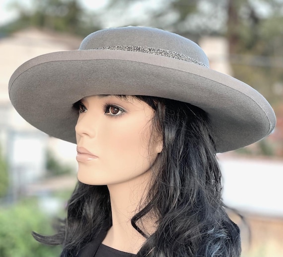 Gray Wool Felt Princess Kate Hat, Women's Wide Brim Fall Winter Gray Hat Wedding Guest Hat, Women's Formal Gray Winter Hat, Millinery,