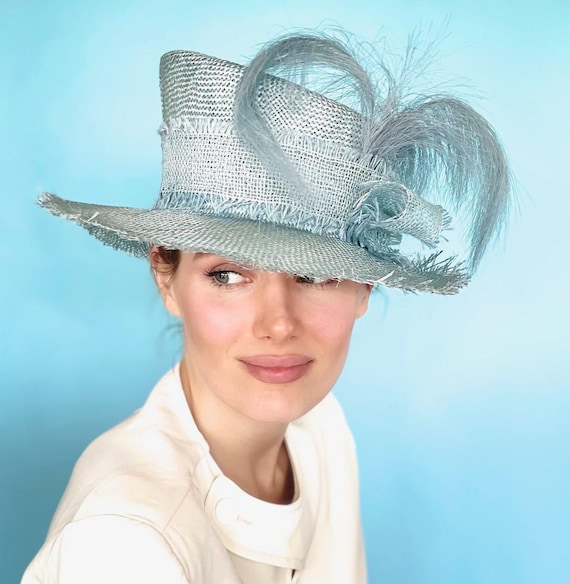 Women's Blue Formal Hat Wedding Guest Hat, Ladies Boater Hat, Derby Hat Princess Kate Hat Wide Brim Ascot Hat, Mad Hatter Regatta Boater Hat