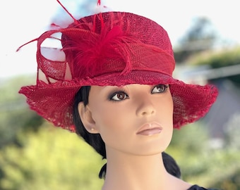 Kentucky Derby Hat, Women's Red Straw Hat, Wedding Guest Hat, Royal Ascot Hat, Red Boater Hat, Ladies Formal Red Hat, Races Hat