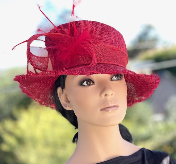 Kentucky Derby Hat, Women's Red Straw Hat, Wedding Guest Hat, Royal Ascot Hat, Red Boater Hat, Ladies Formal Red Hat, Races Hat