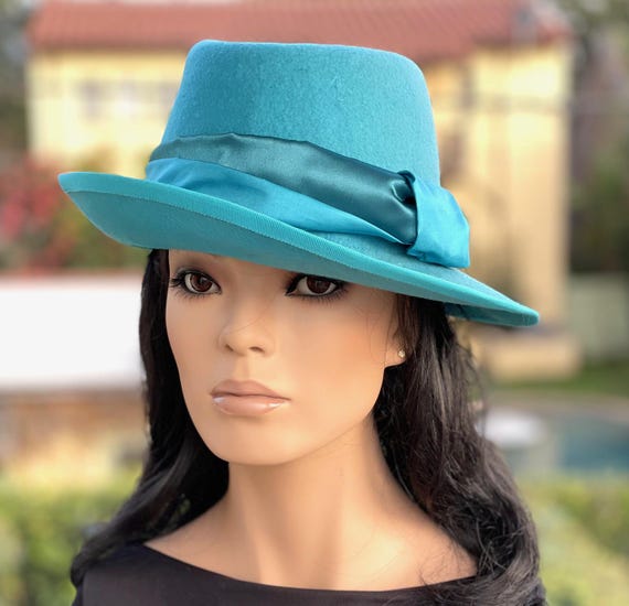 Women's Formal Turquoise Winter Hat Ladies Handmade Couture Wool Felt Wide Brim Hat Wedding Guest Hat, Women's Fedora Derby Hat, Church Hat