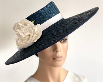 Navy or Black & White Boater Hat, Kentucky Derby Hat Wedding Hat Derby Day Hat Ascot Hat Women's Black and White Hat, Ladies Formal Hat