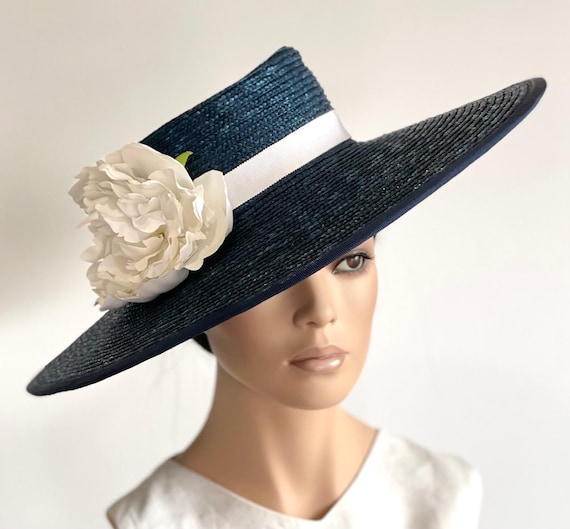 Navy or Black & White Boater Hat, Kentucky Derby Hat Wedding Hat Derby Day Hat Ascot Hat Women's Black and White Hat, Ladies Formal Hat