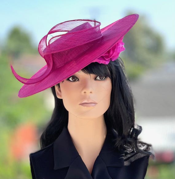 Derby Boater Hat, Wedding Guest Hat, Formal Fuchsia Hat, Ladies Disc Saucer Hat Formal Straw Hat, Church Hat, Royal Ascot Hat, Tea Party Hat