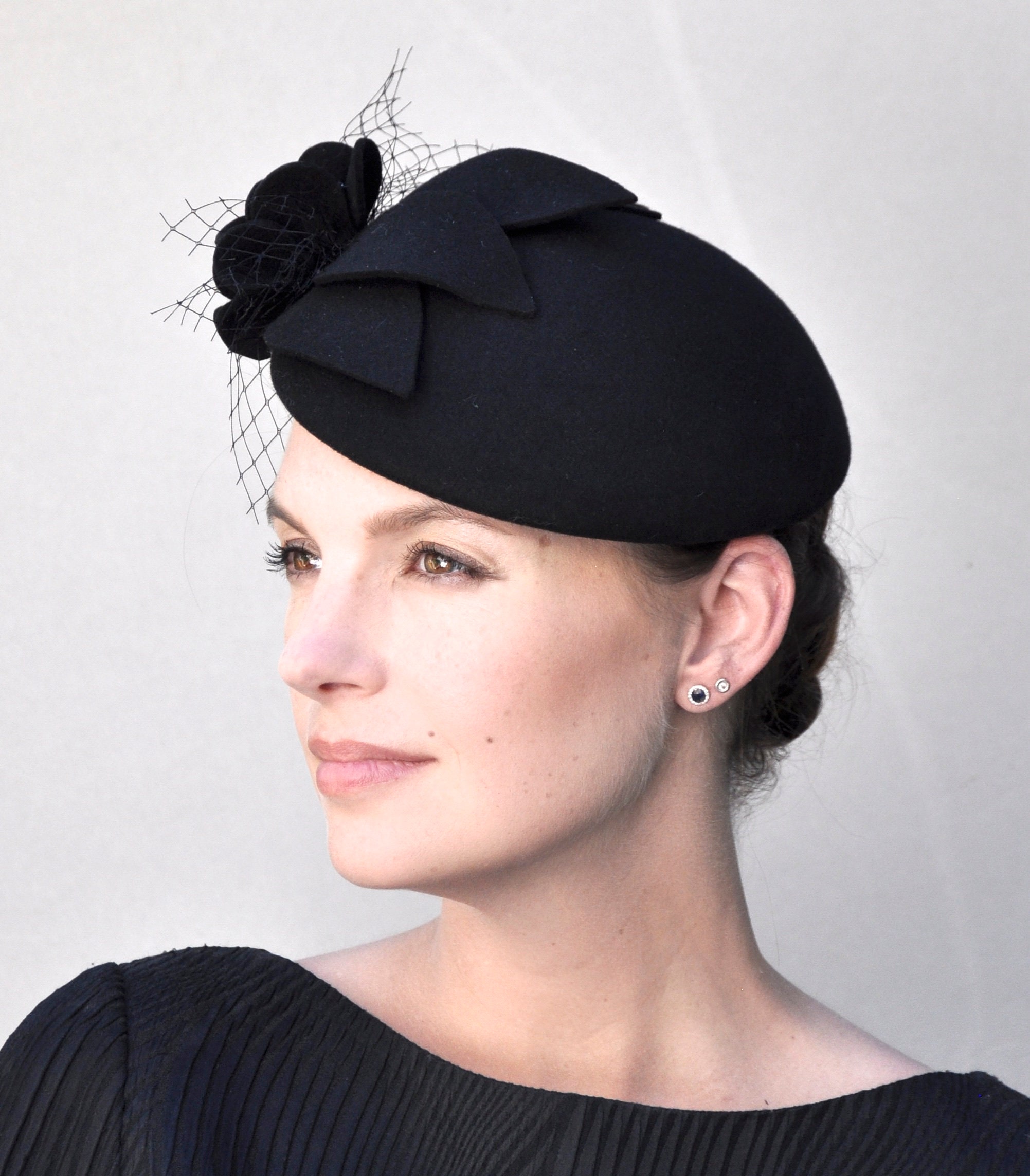 Fascinator Cocktail Hat, Ladies Black Winter Hat, Church Hat, Formal