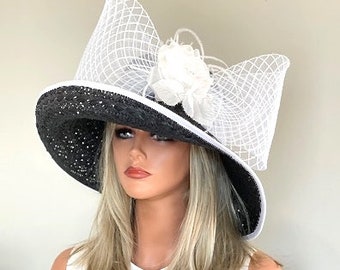 Kentucky Derby Hat, Wide Brim Black and White Hat, Derby Hat, Preakness Hat Belmont hat Ascot hat, Church Hat, Formal Hat Big Hat  Event Hat