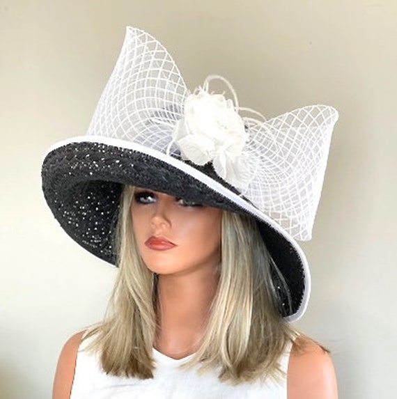 Kentucky Derby Hat, Wide Brim Black and White Hat, Derby Hat, Ascot hat, Church Hat, Formal Hat Big Hat Dressy Hat  Occasion Event Hat