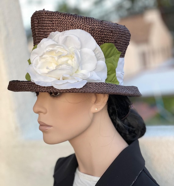 Women's Dark Brown Straw Hat,  Formal Chocolate Straw Hat, Carriage Hat, Wedding Hat, Wedding Guest Hat, Cheltenham Races Hat, Derby Hat