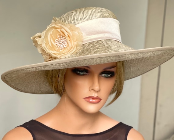 Kentucky Derby Hat, Wedding Hat, Ladies Formal Cream Ivory Hat, Wide Brim Hat