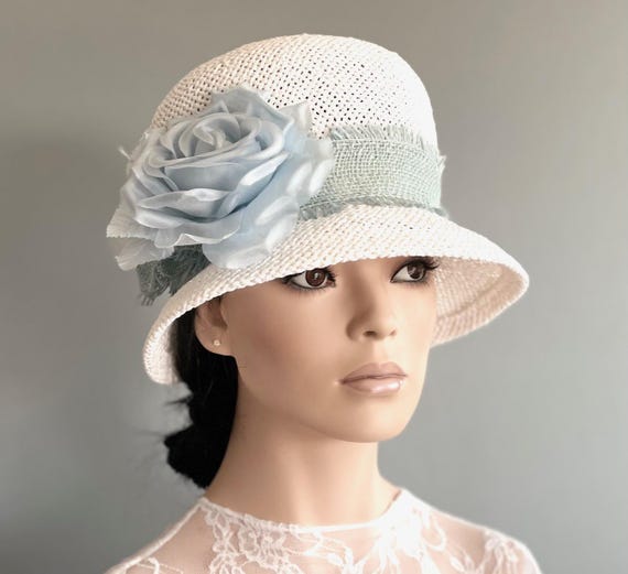 Wedding Hat, Women's Derby Hat, Formal Cloche Hat, Garden Party Hat, Tea Party Hat, Ladies Blue and White Hat, Ascot Hat, Downton Abbey Hat