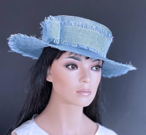 Women's Light Blue Boater Hat, Kentucky Derby Hat Ladies Formal Blue Straw Hat Women's Easter Hat, Millinery, Tea Party Hat Garden Party Hat