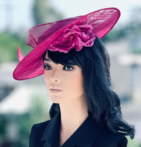 Derby Boater Hat Wedding Guest Hat, Formal Fuchsia Hat, Princess Kate Hat Ladies Disc Saucer Hat Formal Straw Hat,Church Hat Royal Ascot Hat