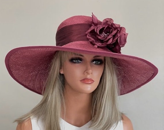 Kentucky Derby Hat, Women's Burgundy Wide Brim Hat, Wedding Hat, Church Hat, Formal Burgundy Hat, Big Occasion Hat, Garden Party Hat,