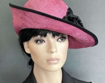 Pink and Black Formal Straw Hat, Pink Wedding Hat, Pink Derby Hat, Church Hat, Wedding Guest Hat