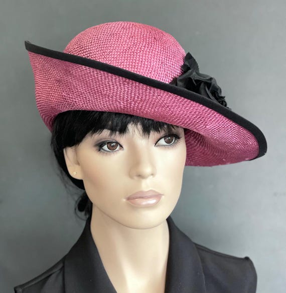 Pink and Black Formal Straw Hat, Pink Wedding Hat, Pink Derby Hat, Church Hat, Wedding Guest Hat