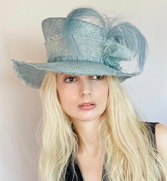 Women's Blue Formal Hat Wedding Guest Hat, Ladies Boater Hat, Derby Hat Princess Kate Hat Wide Brim Ascot Hat, Mad Hatter Regatta Boater Hat