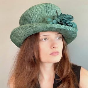 Women&#39;s Green Formal Straw Hat, Wedding Guest Hat, Church Hat, Women&#39;s Teal Hat, Original one-of-a-kind hat, Tea Party Hat, Wedding Hat