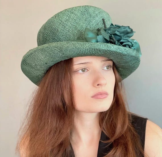 Women's Green Formal Straw Hat, Wedding Guest Hat, Church Hat, Women's Teal Hat, Original one-of-a-kind hat, Tea Party Hat, Wedding Hat