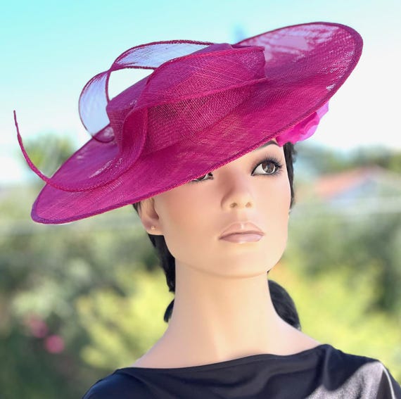 Derby Boater Hat Wedding Guest Hat, Formal Fuchsia Hat, Princess Kate Hat Ladies Disc Saucer Hat Formal Straw Hat,Church Hat Royal Ascot Hat