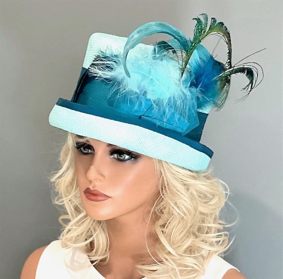 Kentucky Derby Hat, Wedding Hat, Women's Peacock Turquoise Hat, Formal Top Hat, Race Hat, Ascot Hat, Saucer Hat, feather Hat, Church Hat