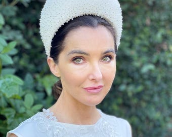 Bridal Headpiece, Women's White Halo Hat Wedding Hat, Women's Beaded Headband Hat, White Pearl Crown Hat, Kate Middleton Headband Halo Hat