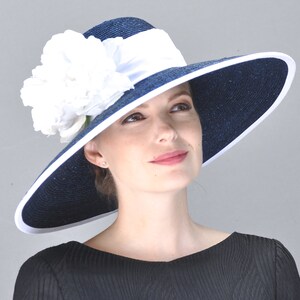 Navy Wedding Hat Derby Hat, Women&#39;s Formal Navy and White Hat, Ascot Hat, Ladies Big Navy Hat, Audrey Hepburn Hat Big brim hat, occasion hat