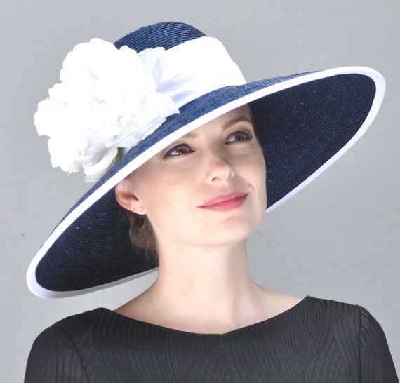Kentucky Derby Hat, Women's Navy and White Hat, Formal Hat. Ascot Hat, Ladies Big Navy Hat, Audrey Hepburn Hat, Wide brim hat, occasion hat