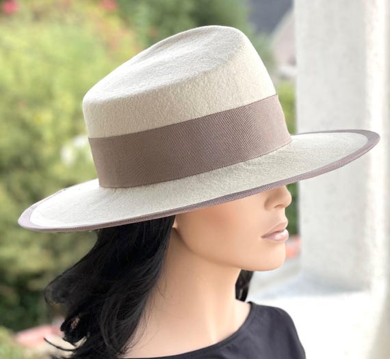 Women's Wide Brim Fedora Women's Formal Taupe Hat Derby Hat Fall Winter Wool Felt Hat Couture Millinery Wedding Guest Hat Tailored Fedora