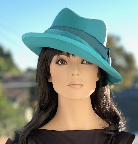 Women's Formal Turquoise Winter Hat Ladies Handmade Couture Wool Felt Wide Brim Hat Wedding Guest Hat, Women's Fedora Derby Hat, Church Hat