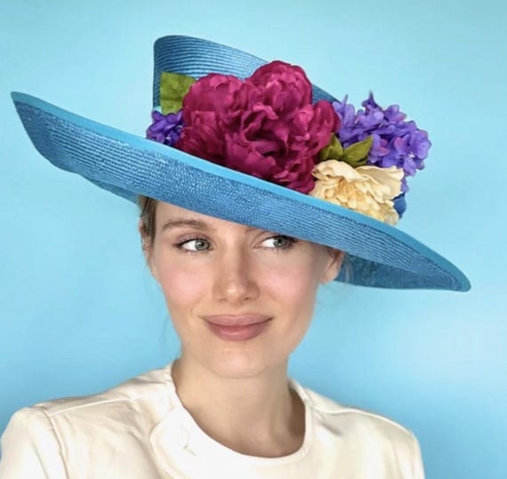 Derby Hat, Wedding Hat, Women's Formal Blue Hat, Wide Brim Flower Bouquet Hat, Royal Ascot Hat, Wedding Guest Hat, Church Hat, wedding Hat