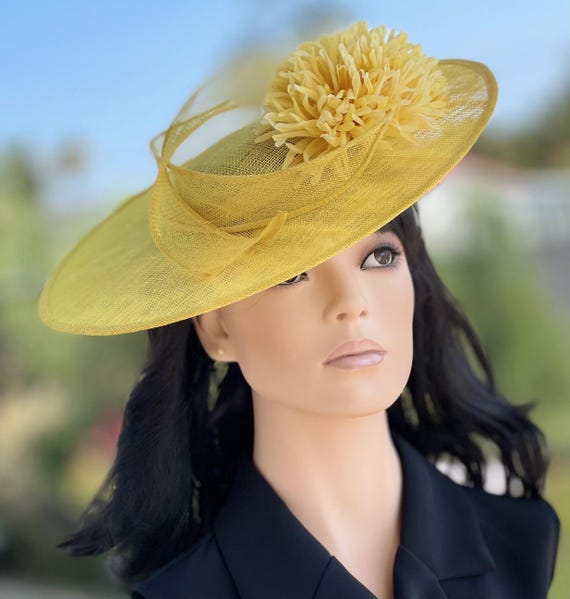 Derby Hat, Wedding Guest Hat,  Women's Formal Yellow Hat, Women's Wide Brim Hat Yellow Church Hat Race Day Hat, Ascot hat Tea Party Hat