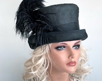 Kentucky Derby Hat, Women's Derby Hat, Women's Black Top Hat Mad Hatter, Black Steampunk Hat Feather Top Hat, Occasion Hat, Royal Ascot Hat