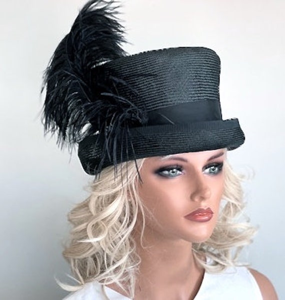 Kentucky Derby Hat, Women's Derby Hat, Women's Black Top Hat Mad Hatter, Black Steampunk Hat Feather Top Hat, Occasion Hat, Royal Ascot Hat