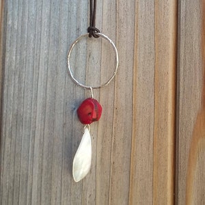 Coral, Shell and Sterling Silver Ring Pendant on Brown Leather Necklace