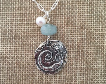 Mermaid in Sterling Silver Aqua Marine Pearl  Beach Surf Swim Ocean Necklace