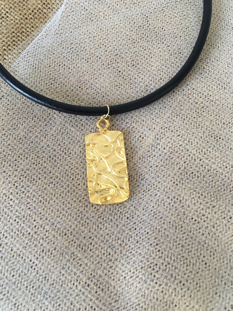 Rectangle Modern Matt Gold Contemporary Pendant Black Leather Necklace