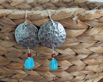 Sterling Silver Pounded Round  Blue Accent Dangle Earring