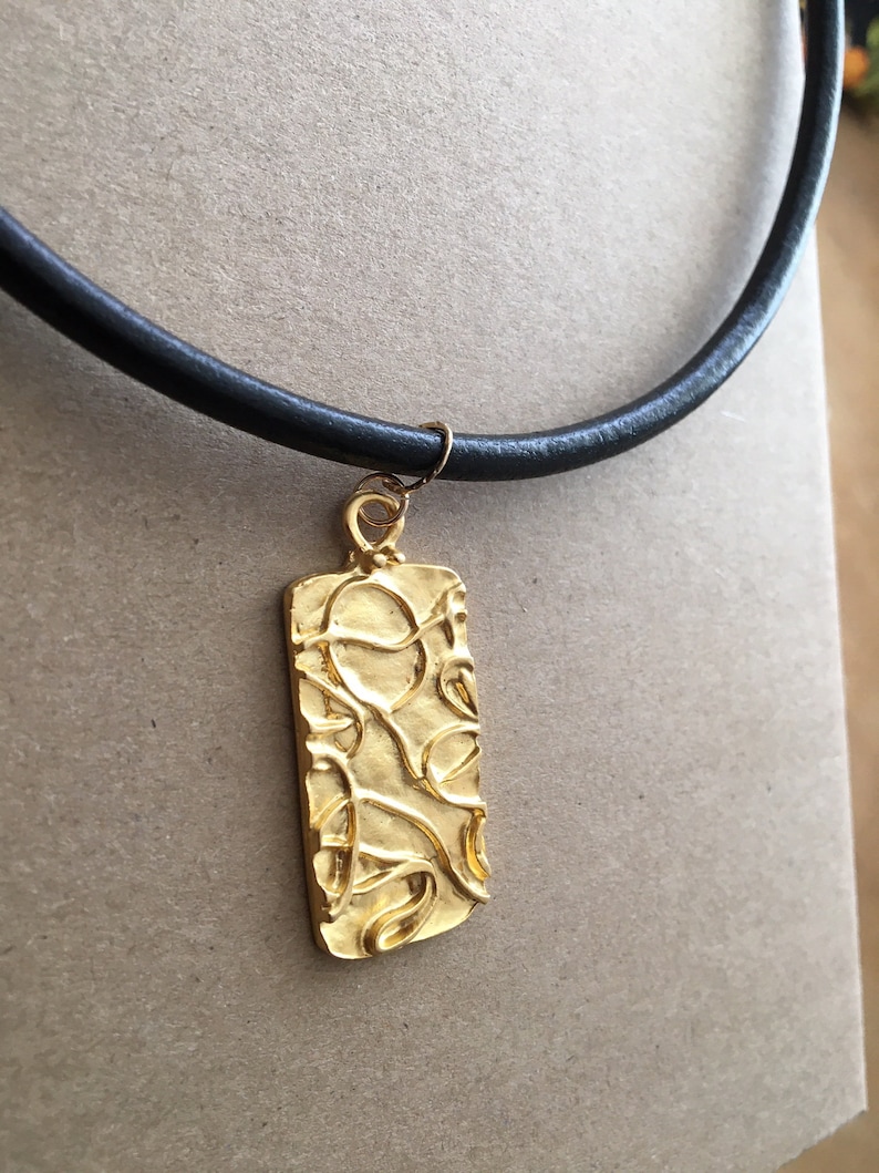 Rectangle Modern Matt Gold Contemporary Pendant Black Leather Necklace
