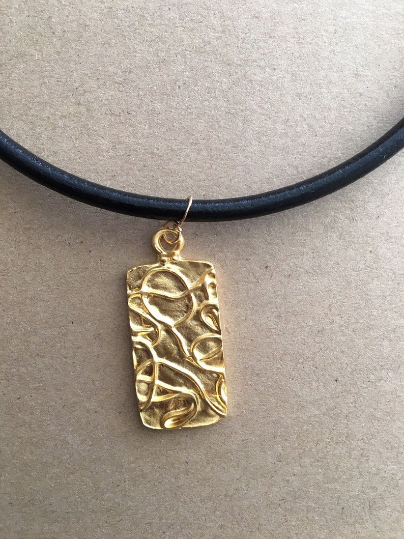 Rectangle Modern Matt Gold Contemporary Pendant Black Leather Necklace