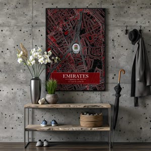 Carte numérique de l'Arsenal FC de l'Emirates Stadium et affiche minimaliste avec vue extérieure - Art mural football, impression poster Arsenal, carte de l'Emirates Stadium