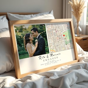 Mapa de noivado e foto personalizados, presente personalizado com local e data para casal recém-noivado, lembrança de noivado exclusiva, pôster de noivado