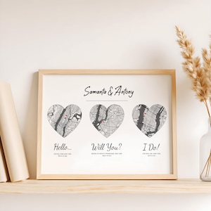 Regalo personalizado de boda y aniversario: mapa personalizado de dónde nos conocimos, nos comprometimos y nos casamos; regalo para el primer aniversario de pareja, póster con mapa personalizado.