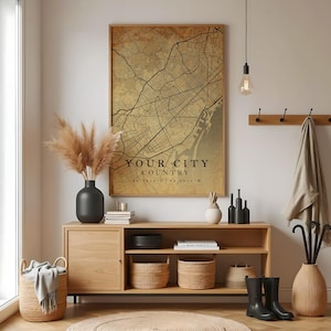 affiche vintage de carte de la ville personnalisée – oeuvre d'art murale personnalisée avec coordonnées, impression de ville rustique pour gif, impression de carte personnalisée, carte de voyage, art de carte