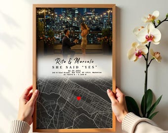 Mapa de compromiso personalizado con foto, regalo de lugar y fecha especial para parejas, recuerdo romántico, póster de compromiso personalizado único para boda.