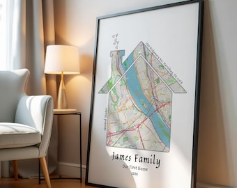 Impressão de mapa residencial personalizado – Arte de localização de casa personalizada, presente para a primeira casa, decoração de parede para casa nova, presente de mudança, presente de inauguração de casa
