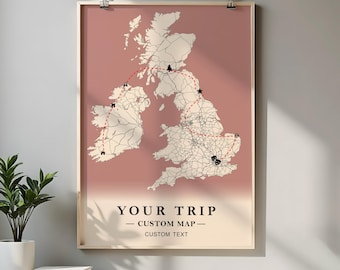 Impression personnalisée de carte d'itinéraire de voyage | Carte de voyage personnalisée | Carte du monde des voyages avec itinéraires | Poster personnalisé avec impression de carte | Décoration murale de voyage, carte personnalisée