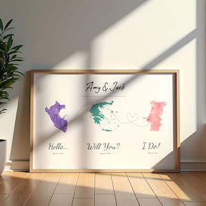 Impression personnalisée de carte d'histoire d'amour | Lieux de mariage fiancés et rencontrés personnalisés, cadeau d'anniversaire pour couple, souvenir de mariage, art de carte aquarelle