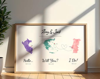 Personalized Love Story Map Print | Custom Met Engaged Married Locations, Anniversary Gift for Couple, Wedding Keepsake, Watercolor Map Art