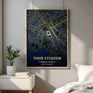 Individuelles Stadion Karte mit Stadt Details - personalisierte digitale Wandkunst mit Koordinaten & Kapazität | Fußball Geschenk, Personalisiertes Poster