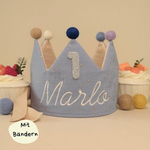 Personalisierte Musselin Kinderkrone mit Name, Geburtstagskrone, Stoffkrone für Kinder aus Baumwolle mit Zahl, handgemacht